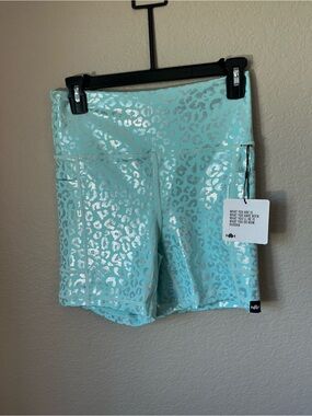 NWT WodBottom Shiny Hiney Leopard Shorts M Aqua Silver Metallic CrossFit